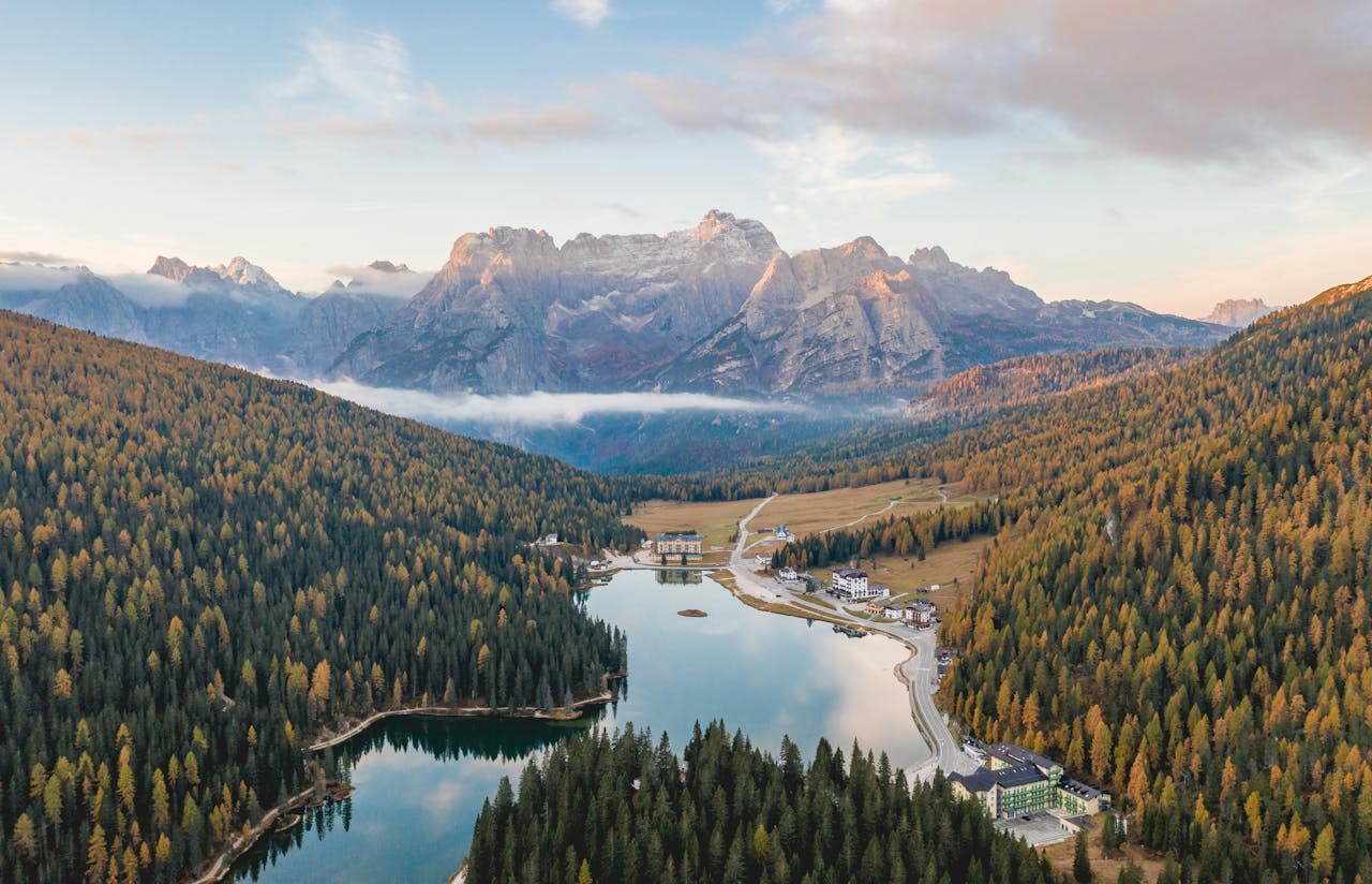 Aerial view of the alps with mountains and lake